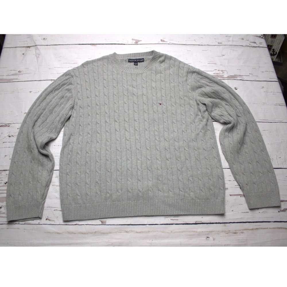 Tommy Hilfiger Cable‎ Knit Cotton Crew Neck Sweater Gray XXL Preppy